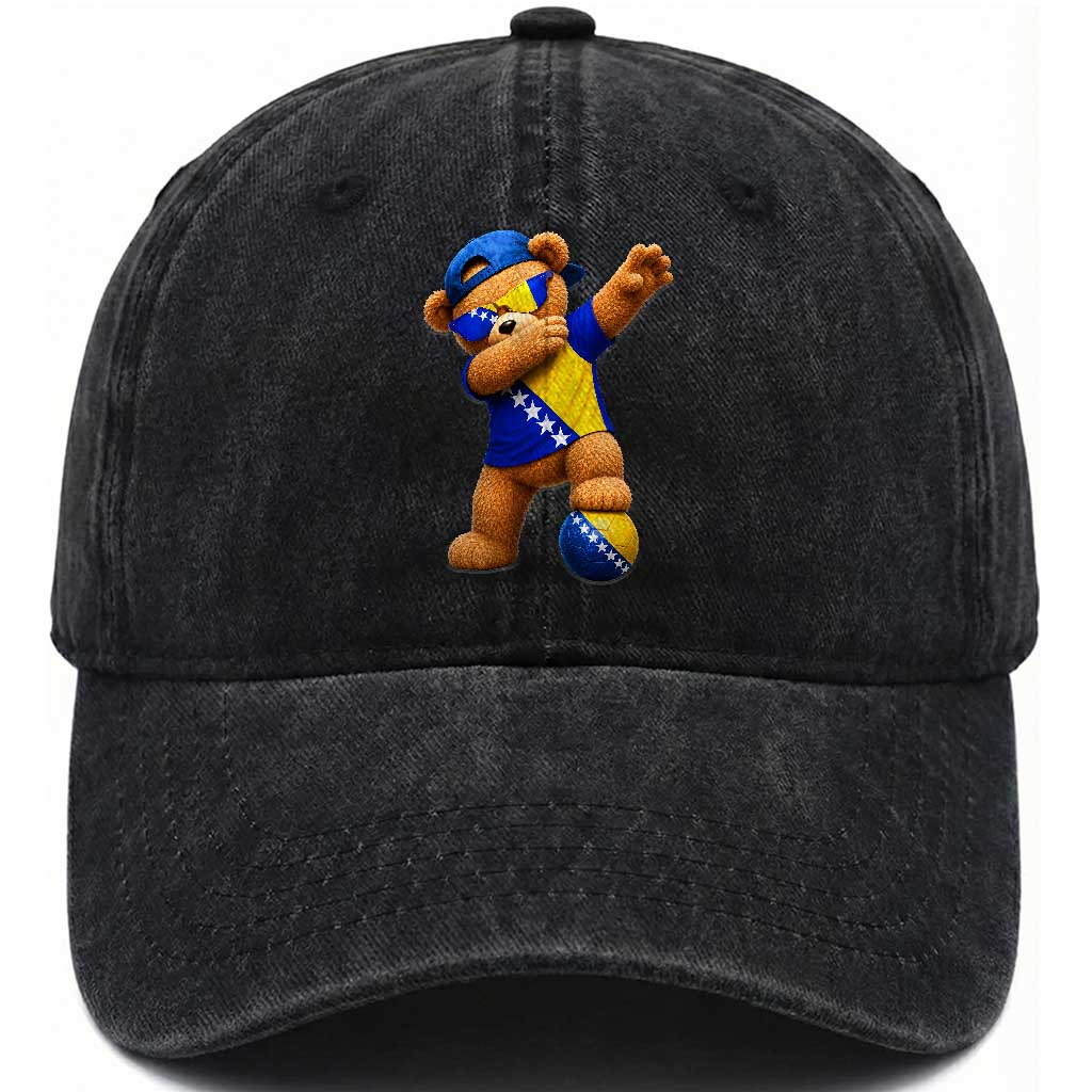Funny Bosnia Teddy Bear Dabbing Fudbal Fan Gift Washed Cotton Baseball Cap TS12 Print Your Wear