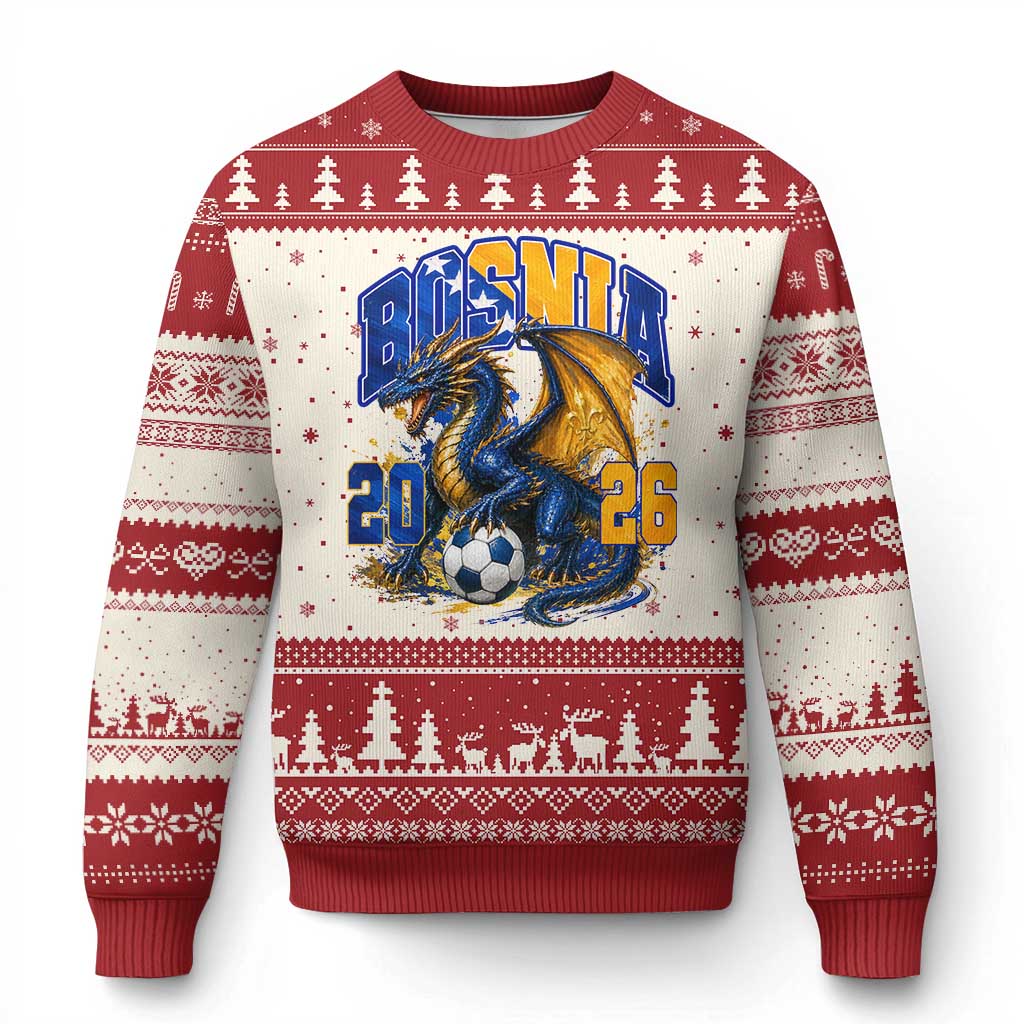 Bosnian Dragon Fudbal Fan Ugly Christmas Sweater Bosnia And Herzegovina Pride