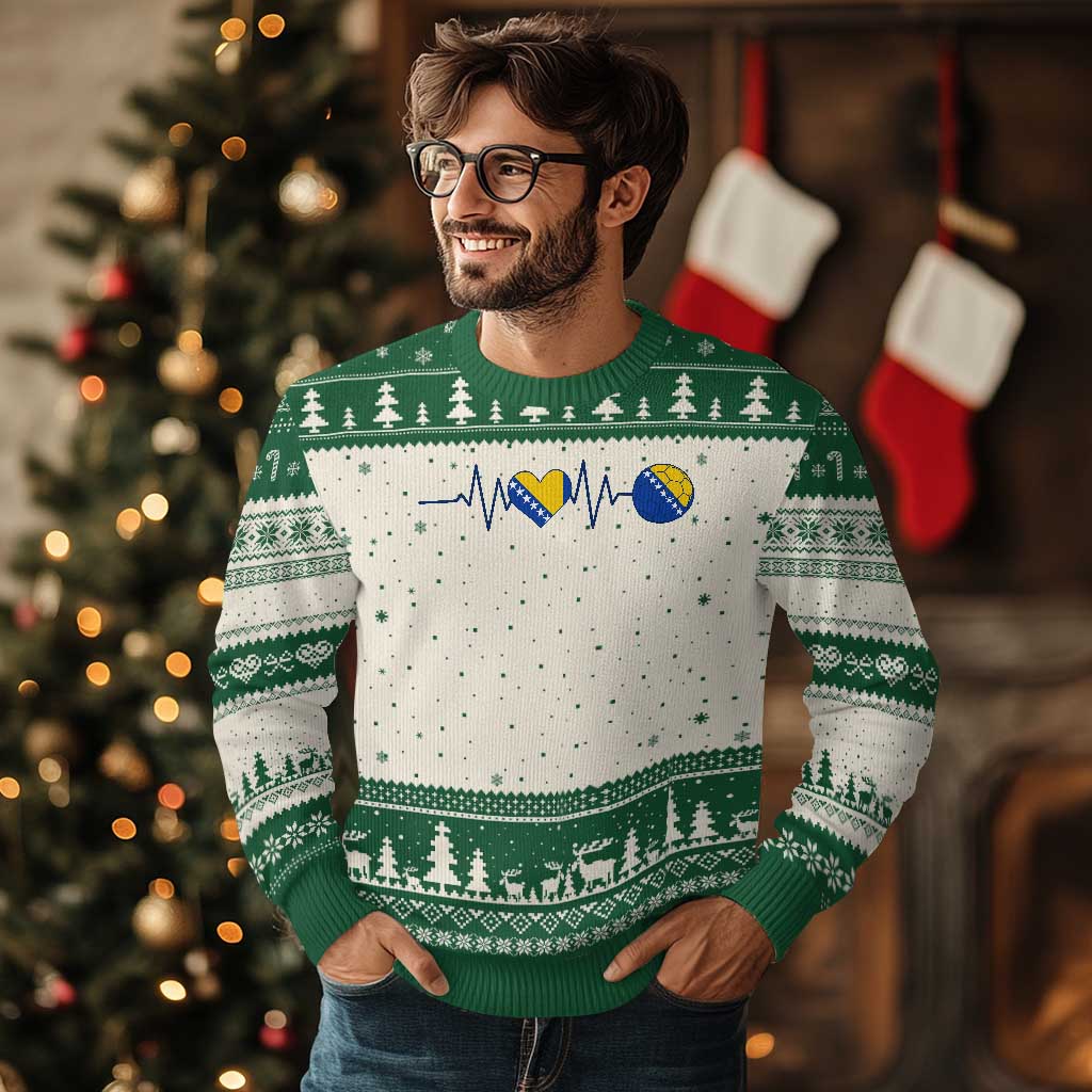 Bosnian Fudbal Heartbeat Ugly Christmas Sweater Bosnia And Herzegovina Soccer Fan Gift