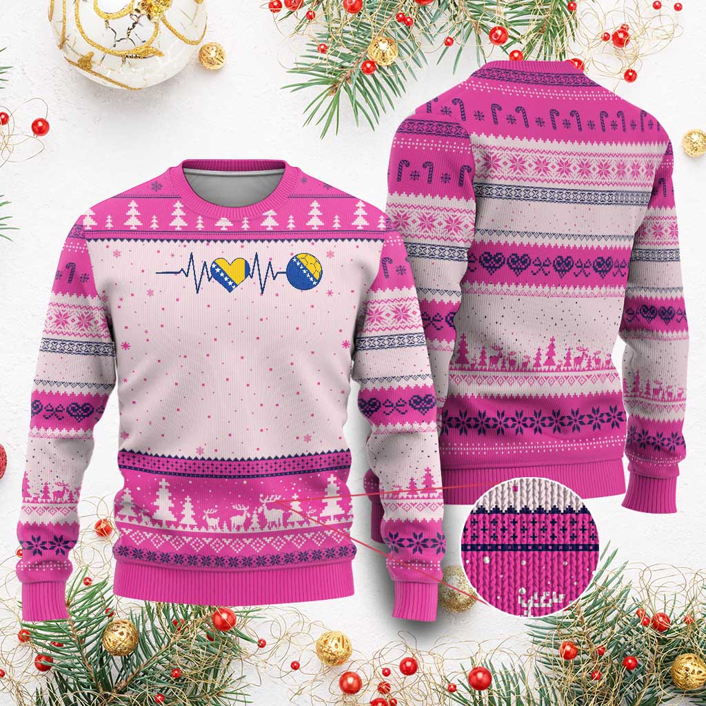 Bosnian Fudbal Heartbeat Ugly Christmas Sweater Bosnia And Herzegovina Soccer Fan Gift