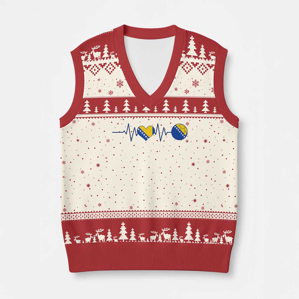 Bosnian Fudbal Heartbeat V-Neck Knit Sweater Vest Bosnia And Herzegovina Soccer Fan Gift