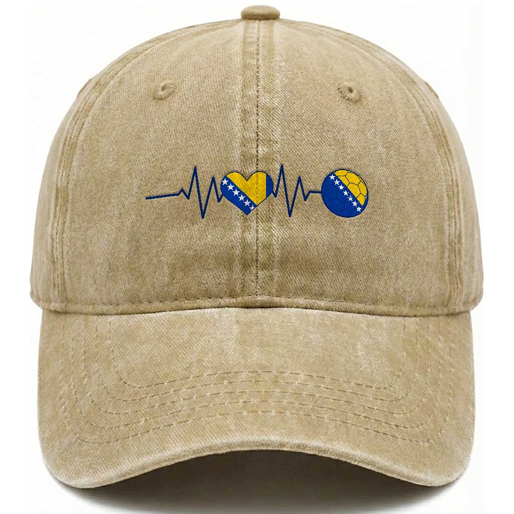 Bosnian Fudbal Heartbeat Washed Cotton Baseball Cap Bosnia And Herzegovina Soccer Fan Gift