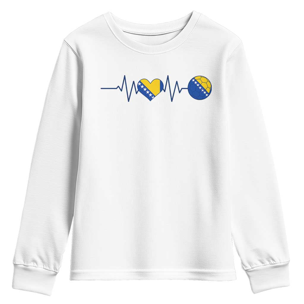 Bosnian Fudbal Heartbeat Youth Sweatshirt Bosnia And Herzegovina Soccer Fan Gift TS12 White Print Your Wear