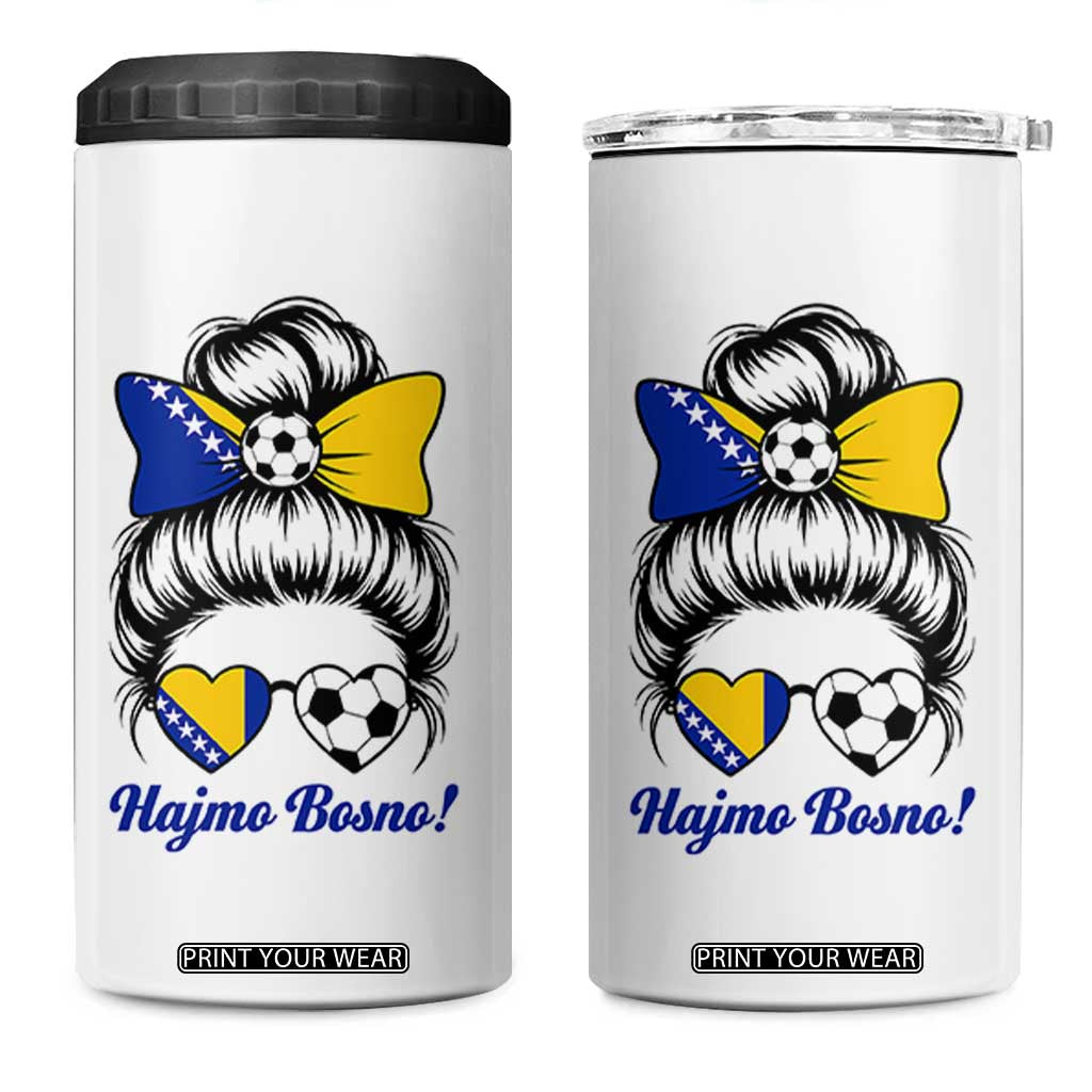 Bosnia Soccer Messy Bun 4 in 1 Can Cooler Tumbler Hajmo Bosno Game Day Gift