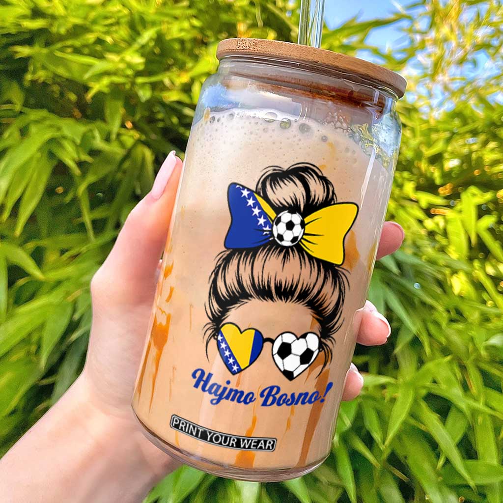 Bosnia Soccer Messy Bun Glass Can Hajmo Bosno Game Day Gift
