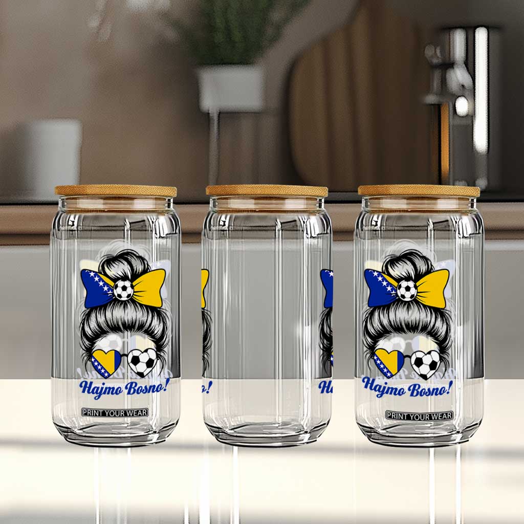 Bosnia Soccer Messy Bun Glass Can Hajmo Bosno Game Day Gift