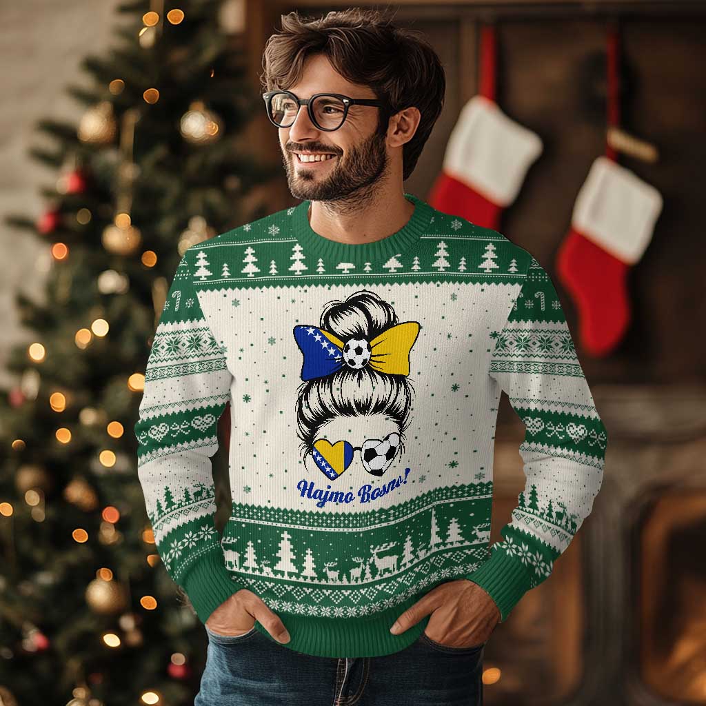 Bosnia Soccer Messy Bun Ugly Christmas Sweater Hajmo Bosno Game Day Gift
