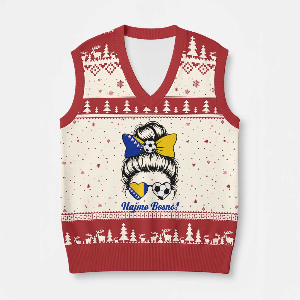 Bosnia Soccer Messy Bun V-Neck Knit Sweater Vest Hajmo Bosno Game Day Gift