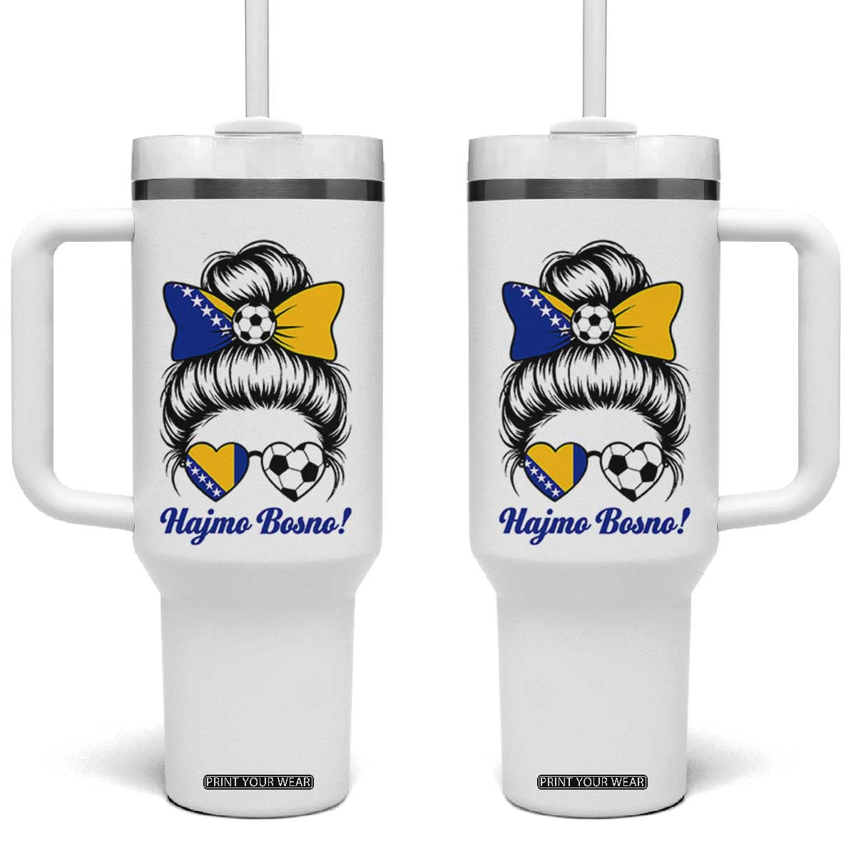 Bosnia Soccer Messy Bun Tumbler With Handle Hajmo Bosno Game Day Gift