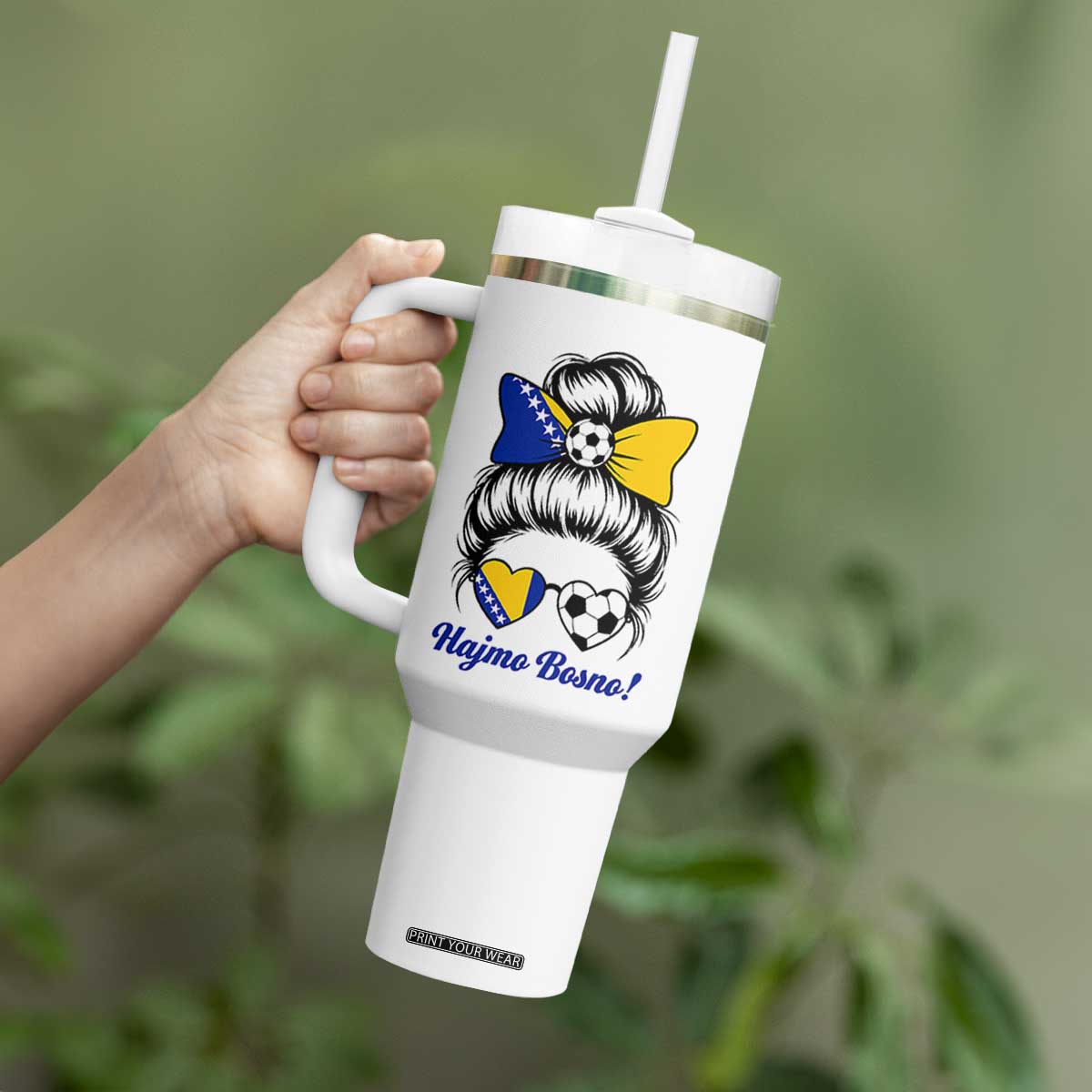 Bosnia Soccer Messy Bun Tumbler With Handle Hajmo Bosno Game Day Gift