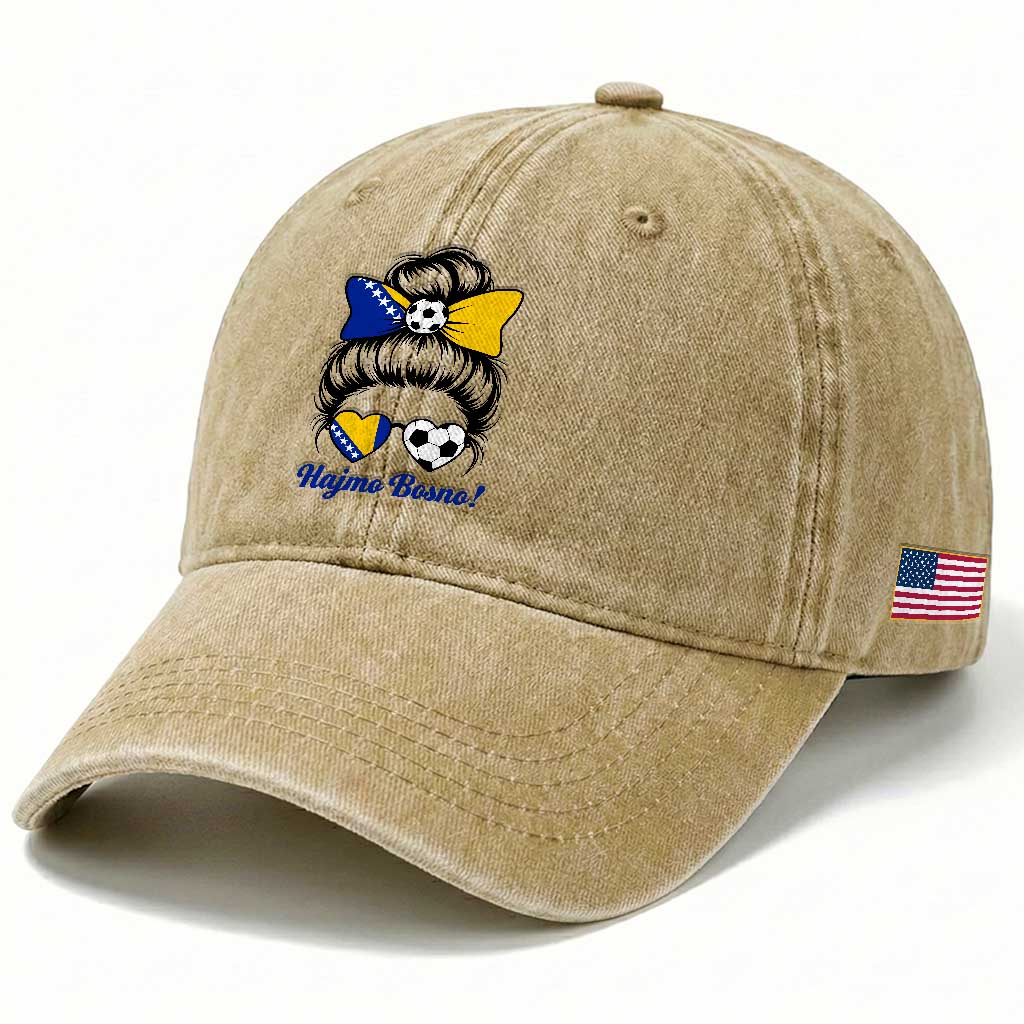 Bosnia Soccer Messy Bun Washed Cotton Baseball Cap Hajmo Bosno Game Day Gift