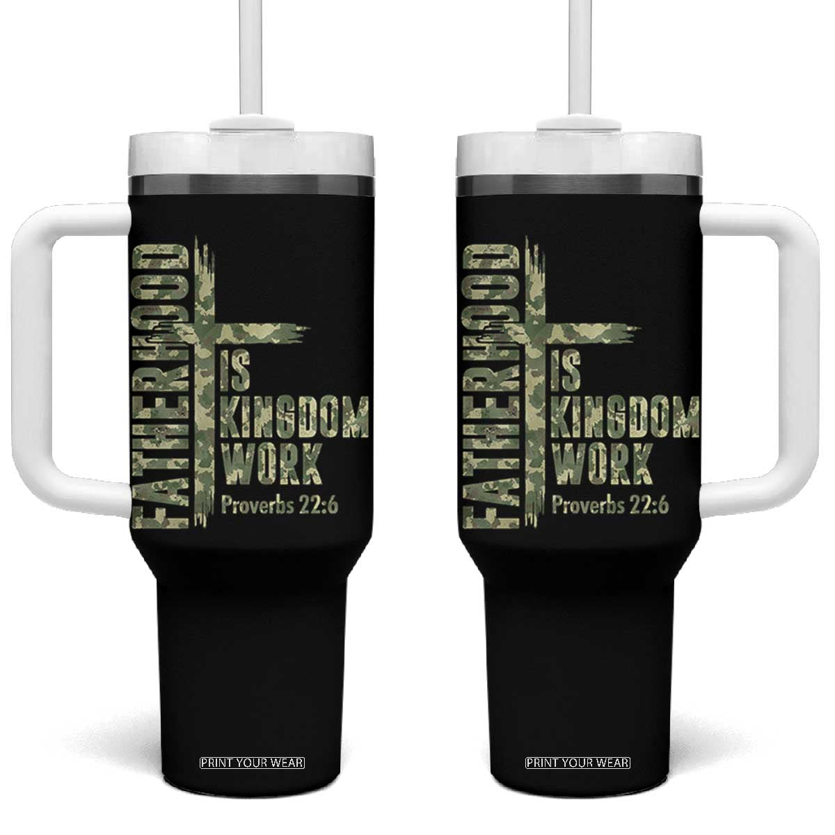 Fatherhood Is Kingdom Work Tumbler With Handle Camo Christian Fathers Day Gift