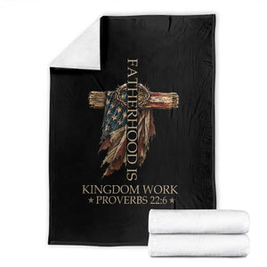Fatherhood Is Kingdom Work Throw Blanket Vintage American Flag Christian Dad Gift