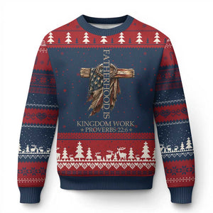 Fatherhood Is Kingdom Work Ugly Christmas Sweater Vintage American Flag Christian Dad Gift