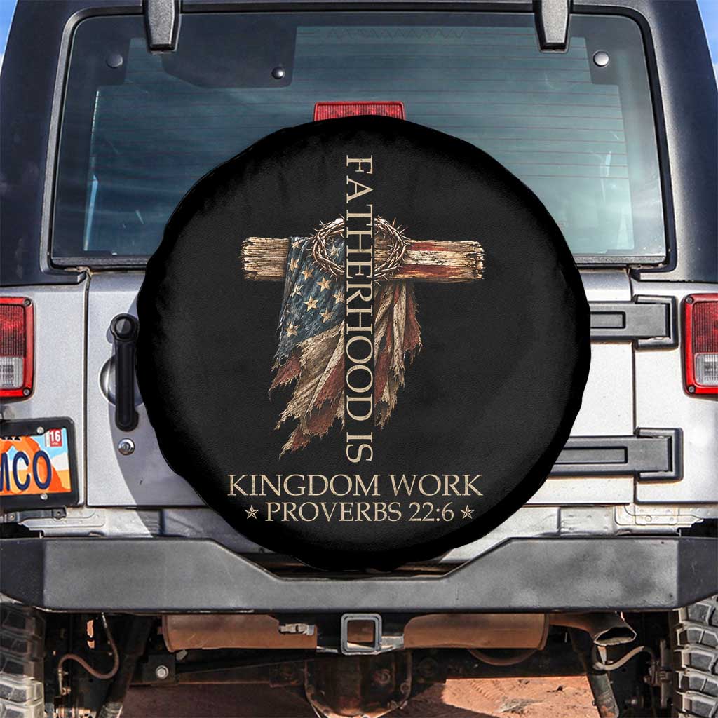 Fatherhood Is Kingdom Work Spare Tire Cover Vintage American Flag Christian Dad Gift