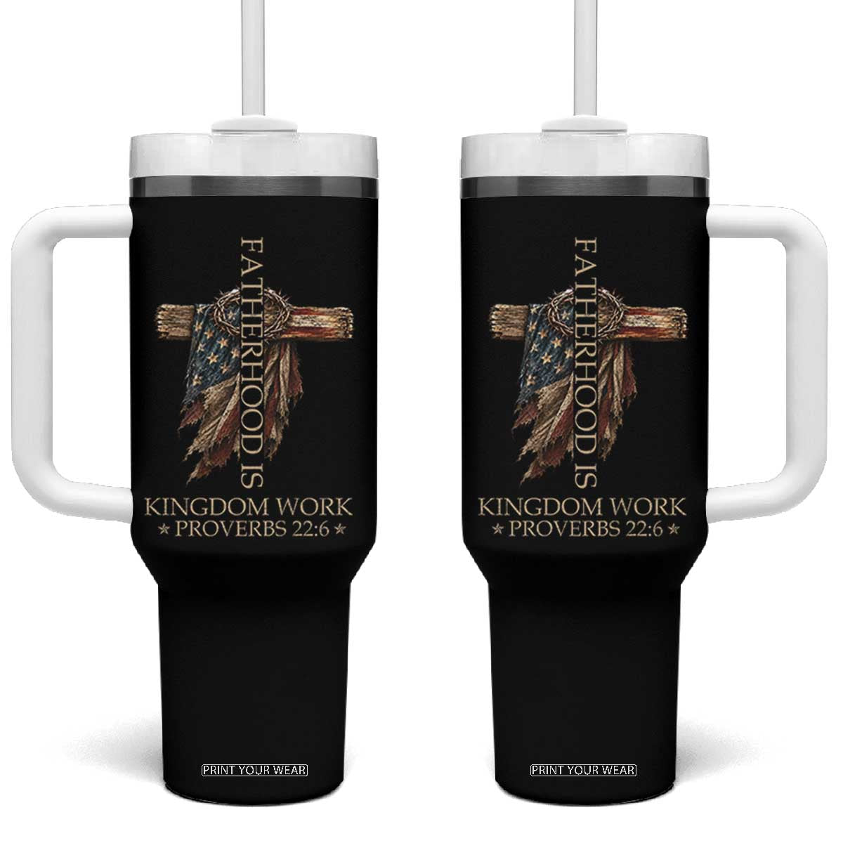 Fatherhood Is Kingdom Work Tumbler With Handle Vintage American Flag Christian Dad Gift