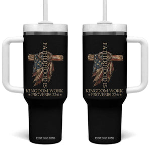 Fatherhood Is Kingdom Work Tumbler With Handle Vintage American Flag Christian Dad Gift