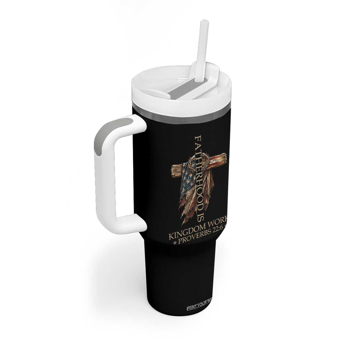 Fatherhood Is Kingdom Work Tumbler With Handle Vintage American Flag Christian Dad Gift