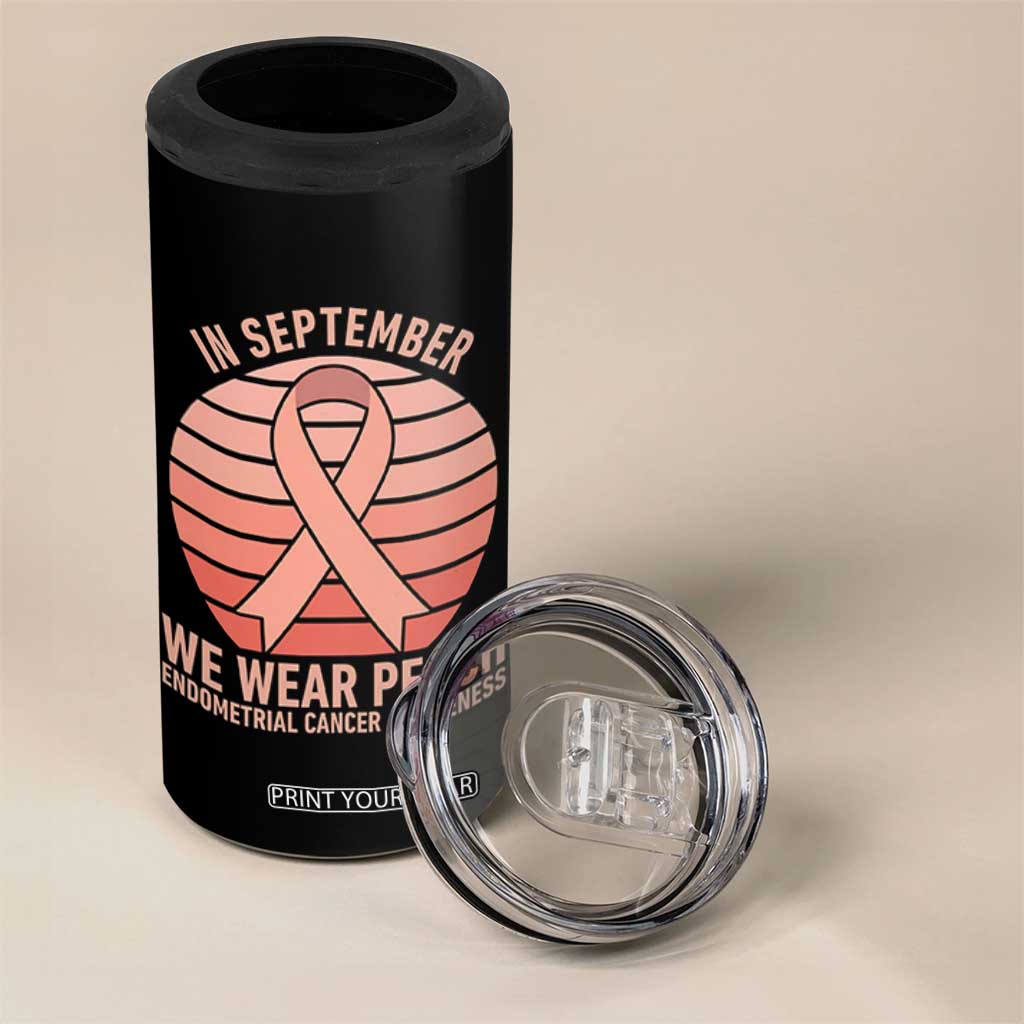 In September We Wear Peach 4 in 1 Can Cooler Tumbler Endometrial Cancer Awareness Support