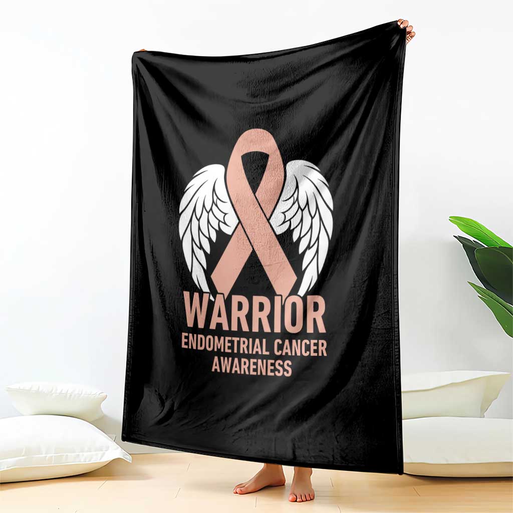 Endometrial Cancer Warrior Throw Blanket Peach Ribbon Angel Wings Support