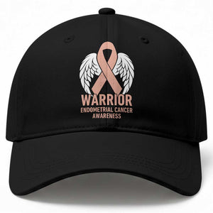 Endometrial Cancer Warrior Baseball Cap Peach Ribbon Angel Wings Support