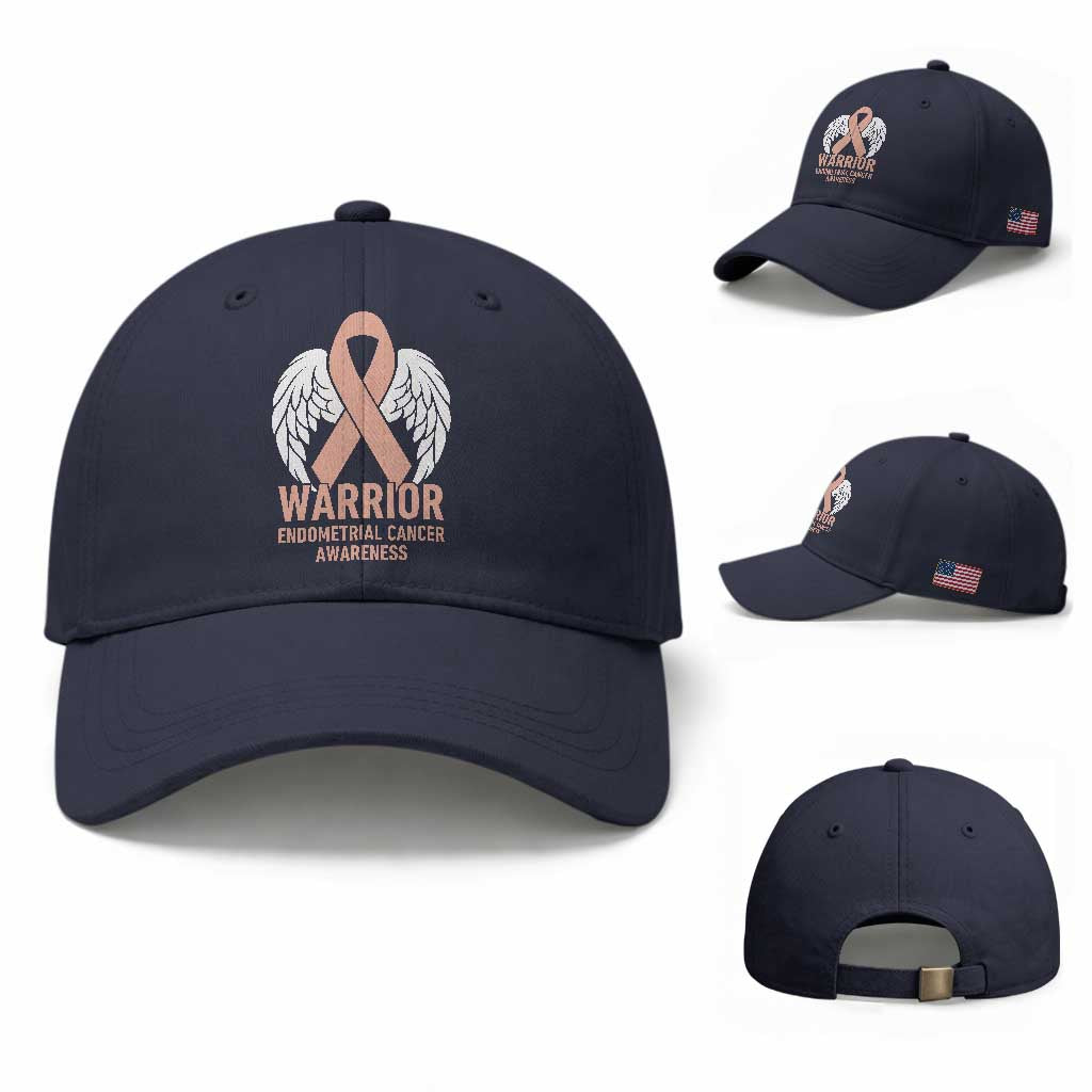 Endometrial Cancer Warrior Baseball Cap Peach Ribbon Angel Wings Support