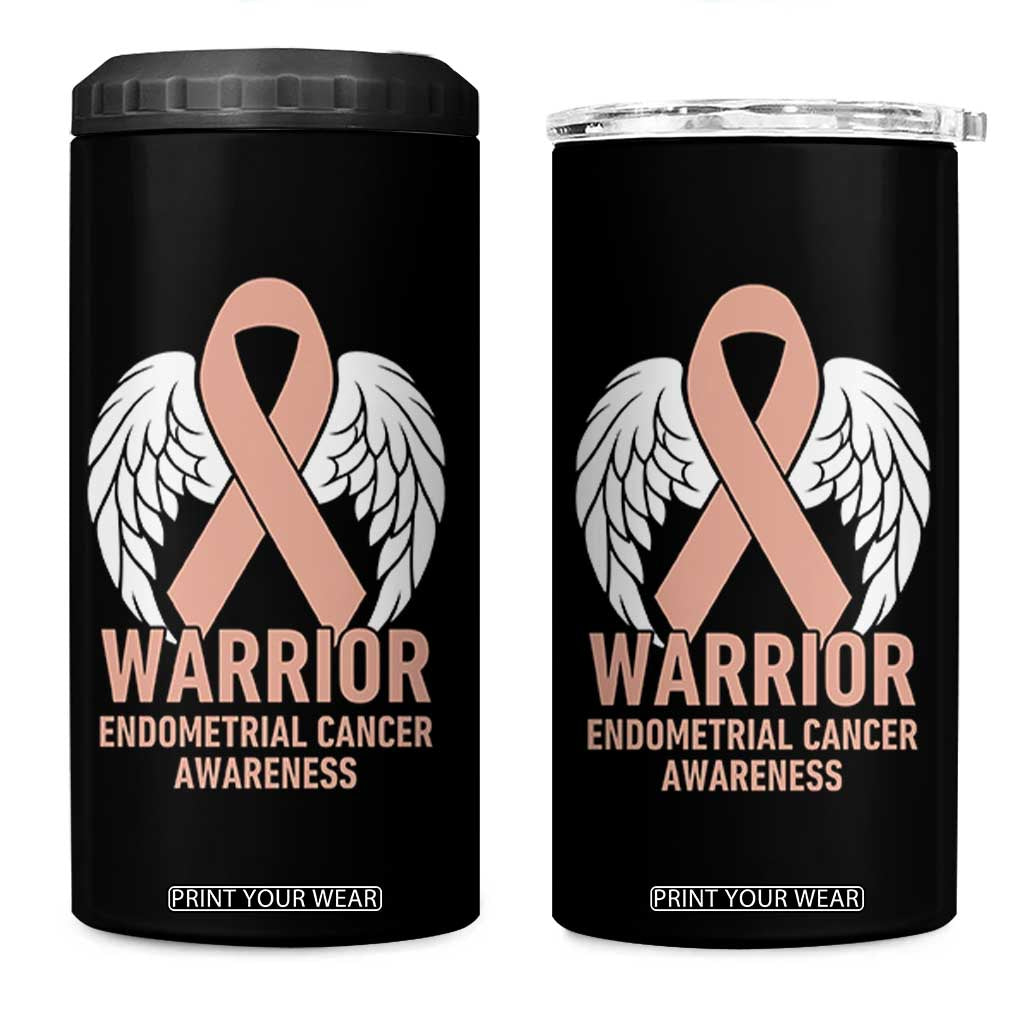Endometrial Cancer Warrior 4 in 1 Can Cooler Tumbler Peach Ribbon Angel Wings Support