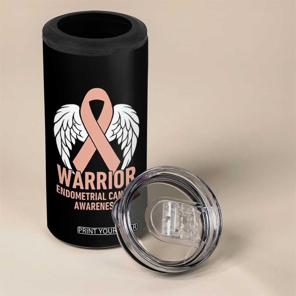 Endometrial Cancer Warrior 4 in 1 Can Cooler Tumbler Peach Ribbon Angel Wings Support