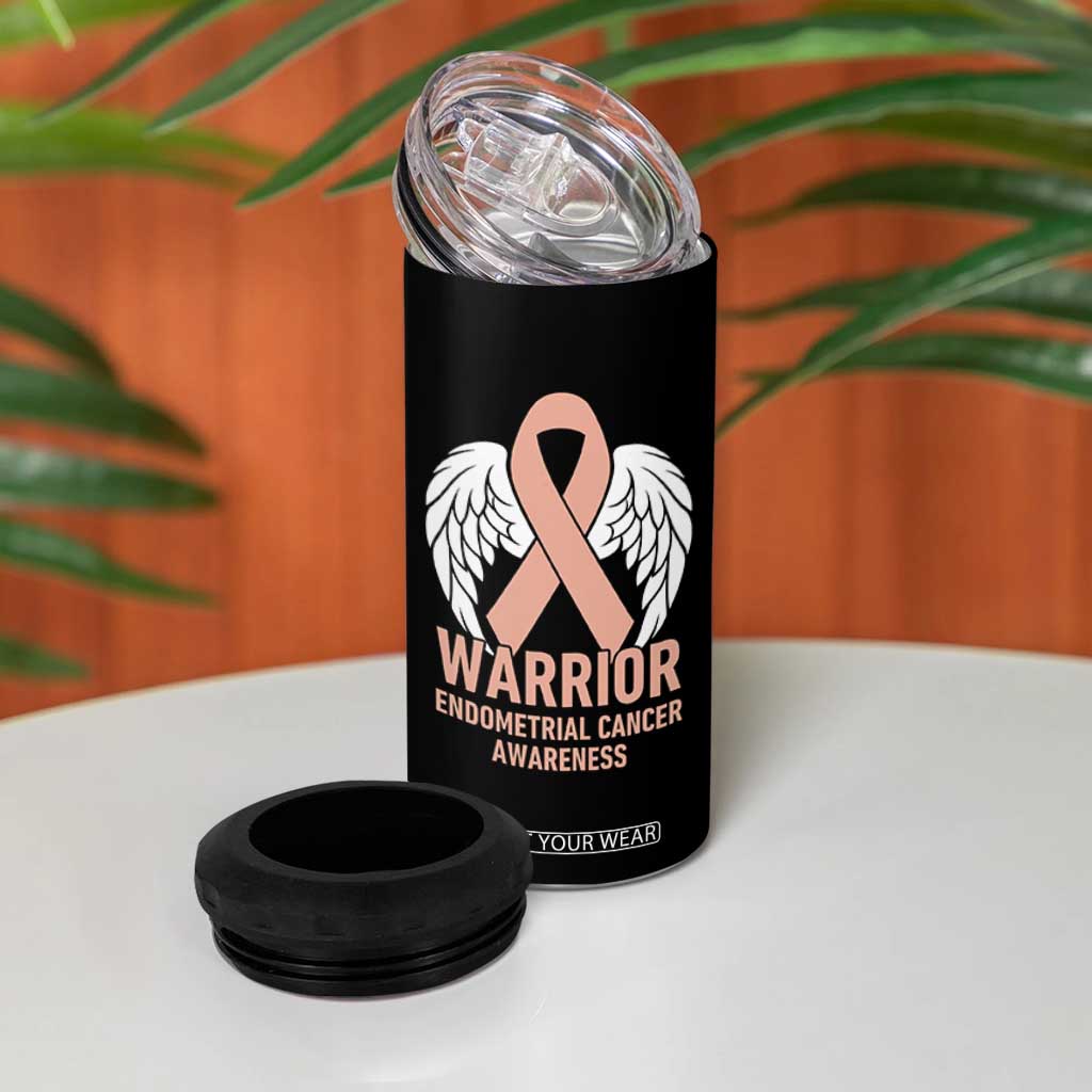 Endometrial Cancer Warrior 4 in 1 Can Cooler Tumbler Peach Ribbon Angel Wings Support