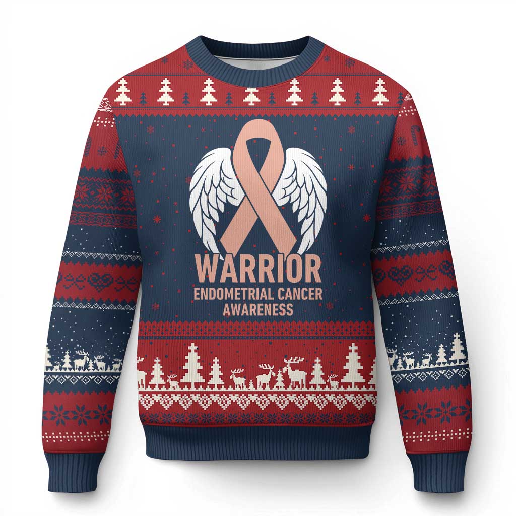 Endometrial Cancer Warrior Ugly Christmas Sweater Peach Ribbon Angel Wings Support