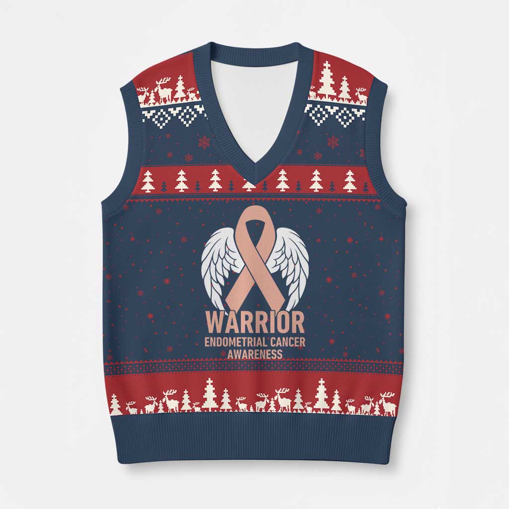 Endometrial Cancer Warrior V-Neck Knit Sweater Vest Peach Ribbon Angel Wings Support