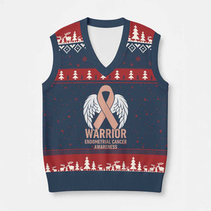 Endometrial Cancer Warrior V-Neck Knit Sweater Vest Peach Ribbon Angel Wings Support