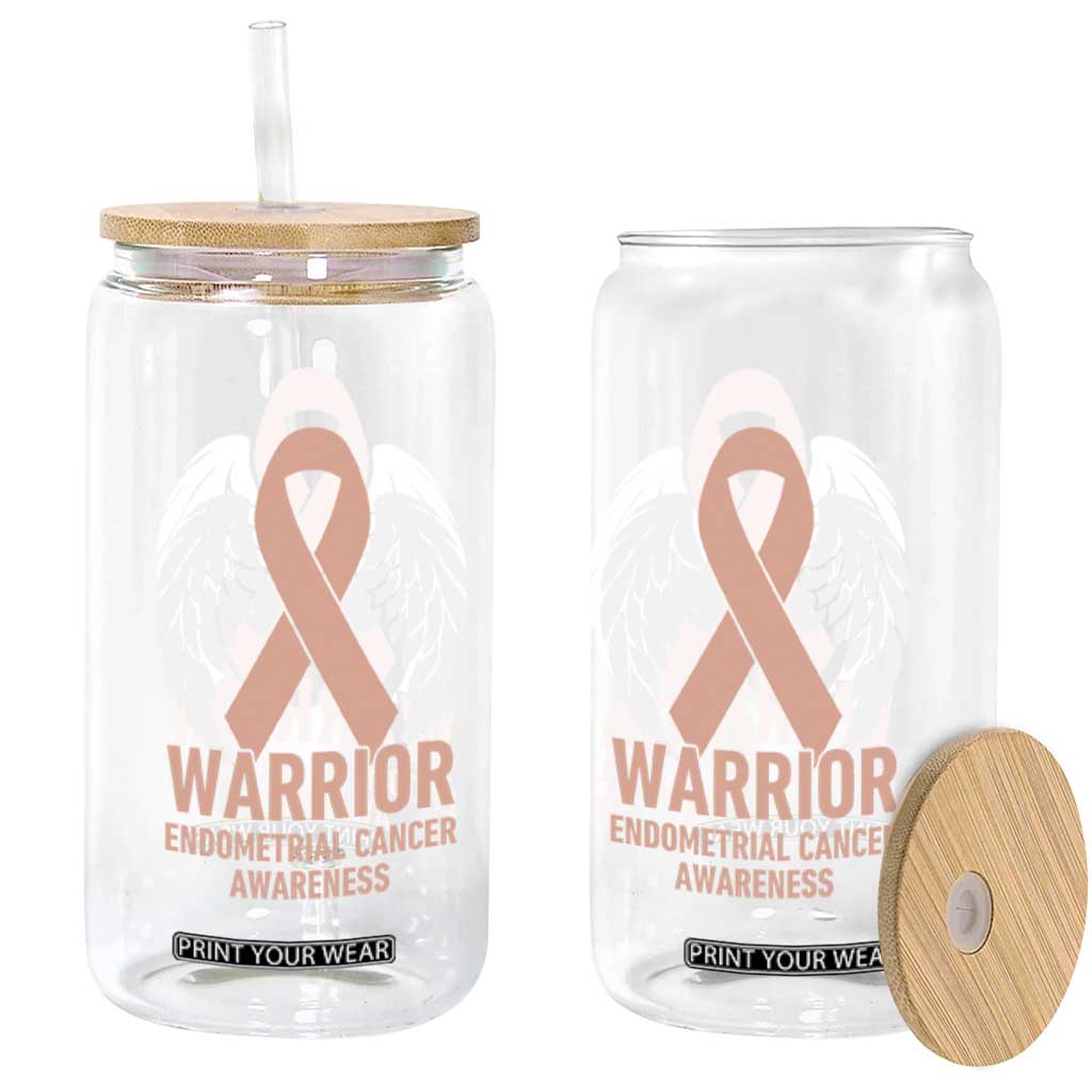 Endometrial Cancer Warrior Glass Can Peach Ribbon Angel Wings Support