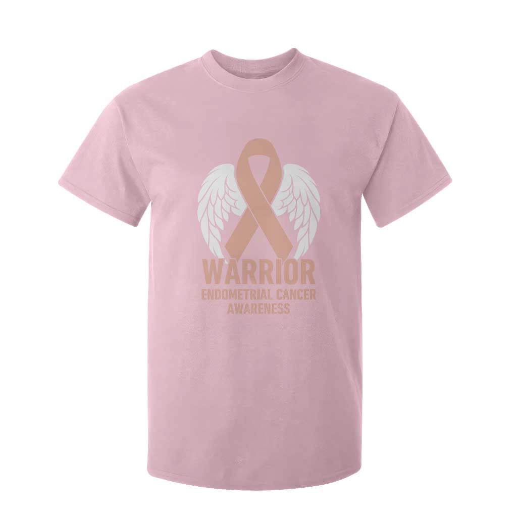 Endometrial Cancer Warrior T Shirt For Kid Peach Ribbon Angel Wings Support