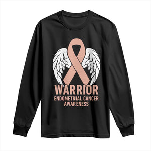 Endometrial Cancer Warrior Long Sleeve Shirt Peach Ribbon Angel Wings Support