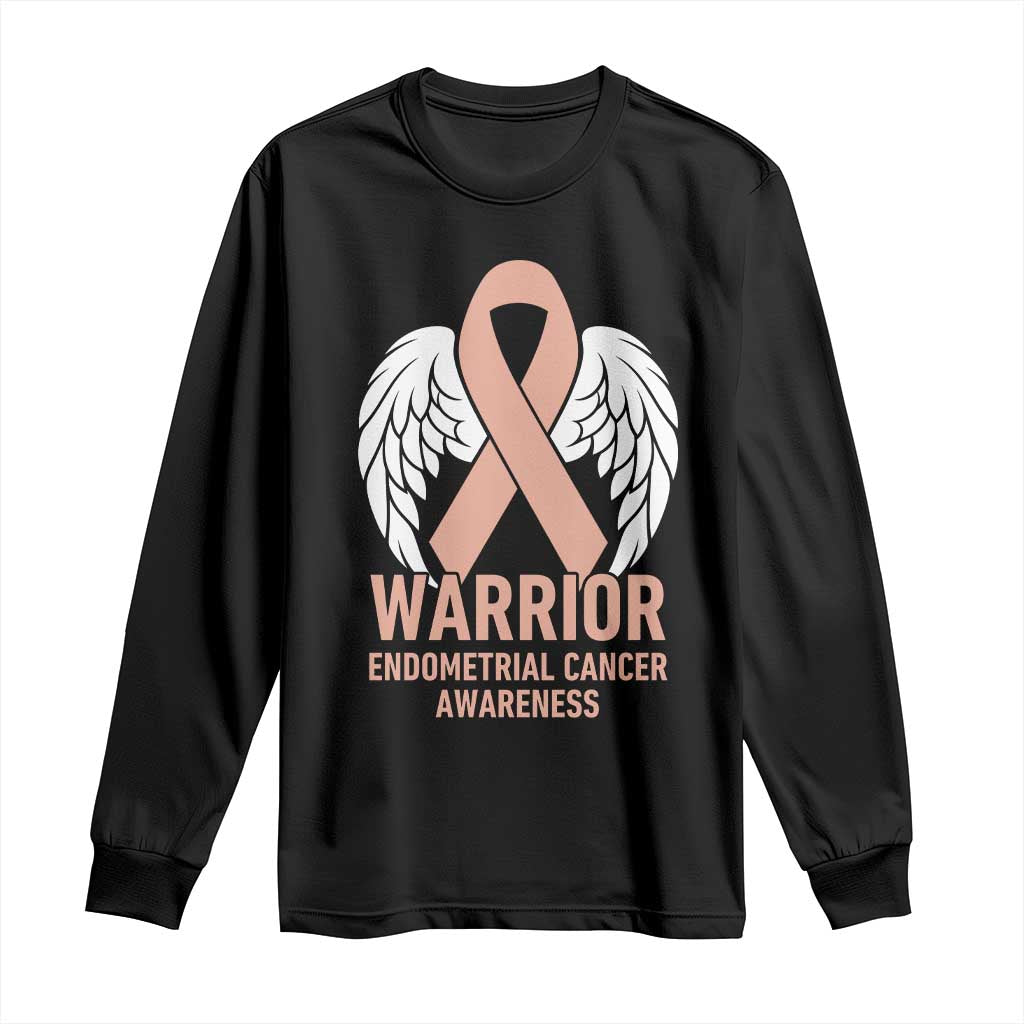 Endometrial Cancer Warrior Long Sleeve Shirt Peach Ribbon Angel Wings Support TS12 Black Print Your Wear