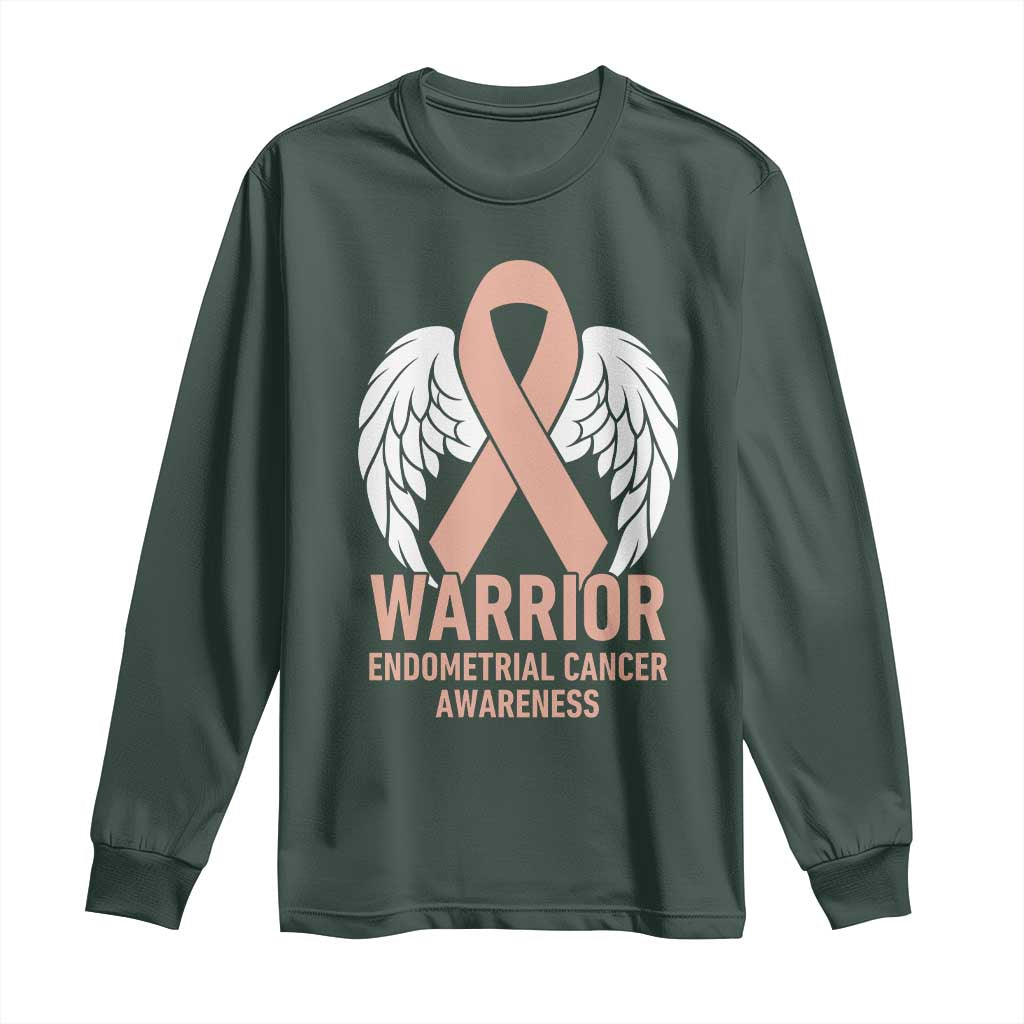 Endometrial Cancer Warrior Long Sleeve Shirt Peach Ribbon Angel Wings Support