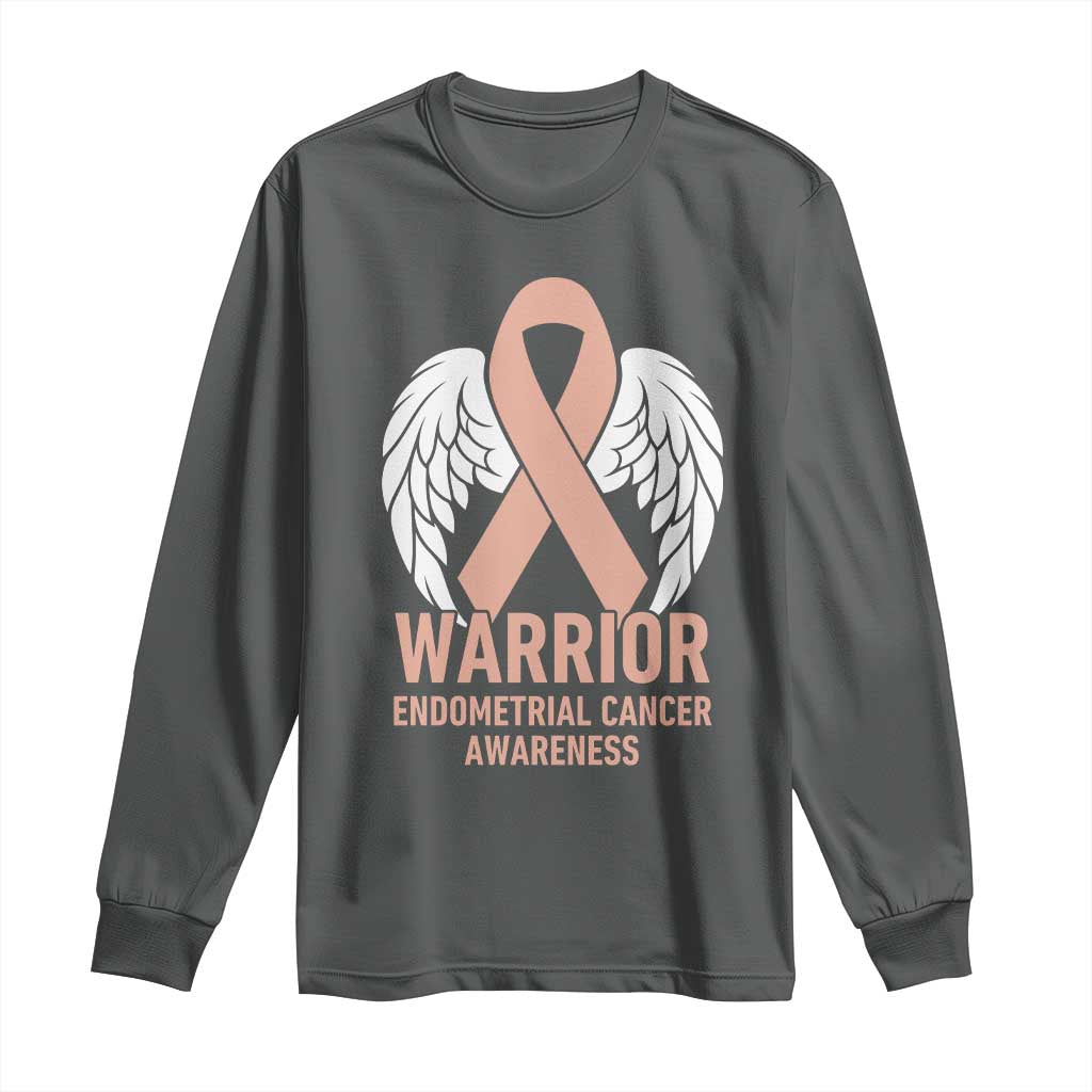 Endometrial Cancer Warrior Long Sleeve Shirt Peach Ribbon Angel Wings Support