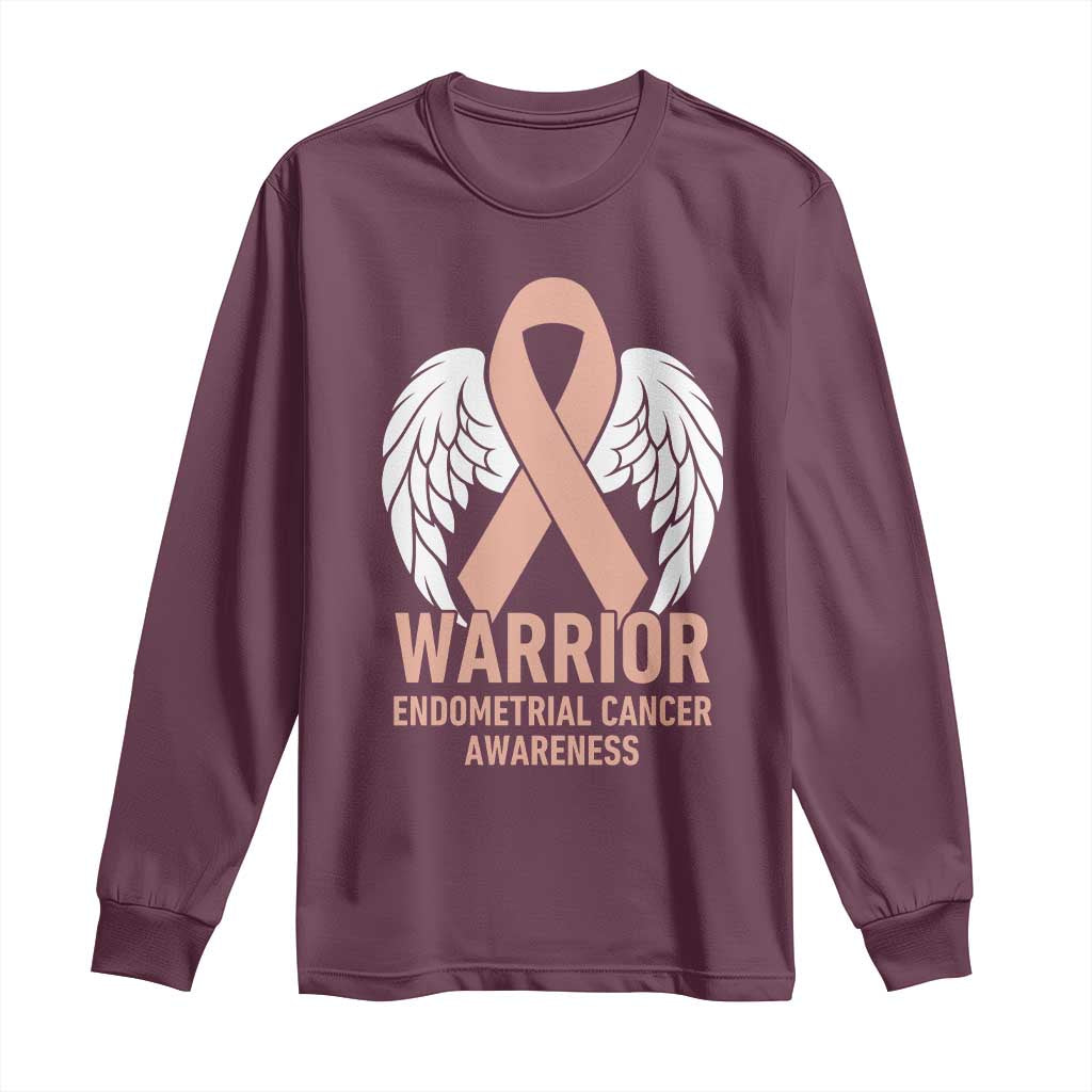 Endometrial Cancer Warrior Long Sleeve Shirt Peach Ribbon Angel Wings Support