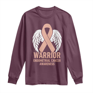 Endometrial Cancer Warrior Long Sleeve Shirt Peach Ribbon Angel Wings Support