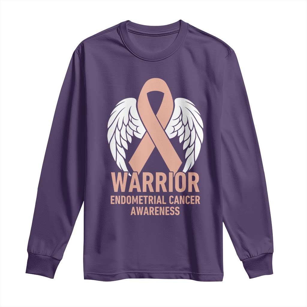 Endometrial Cancer Warrior Long Sleeve Shirt Peach Ribbon Angel Wings Support