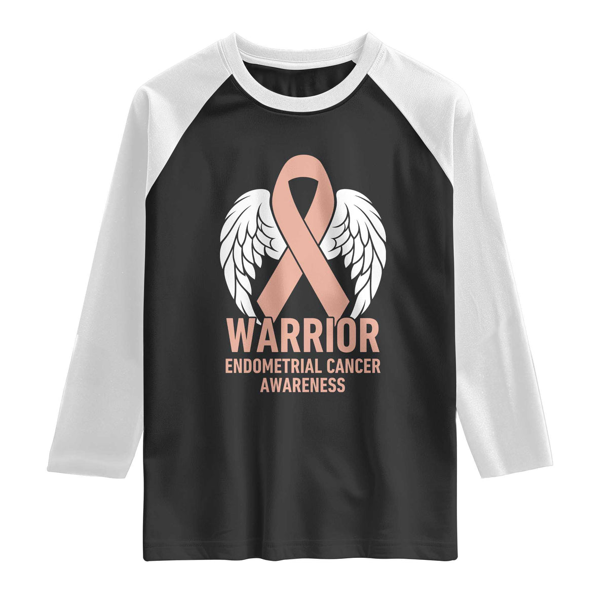 Endometrial Cancer Warrior Raglan Shirt Peach Ribbon Angel Wings Support