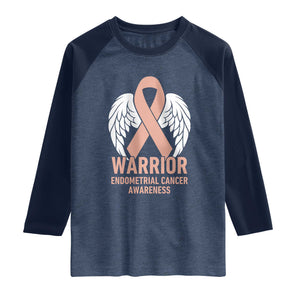 Endometrial Cancer Warrior Raglan Shirt Peach Ribbon Angel Wings Support