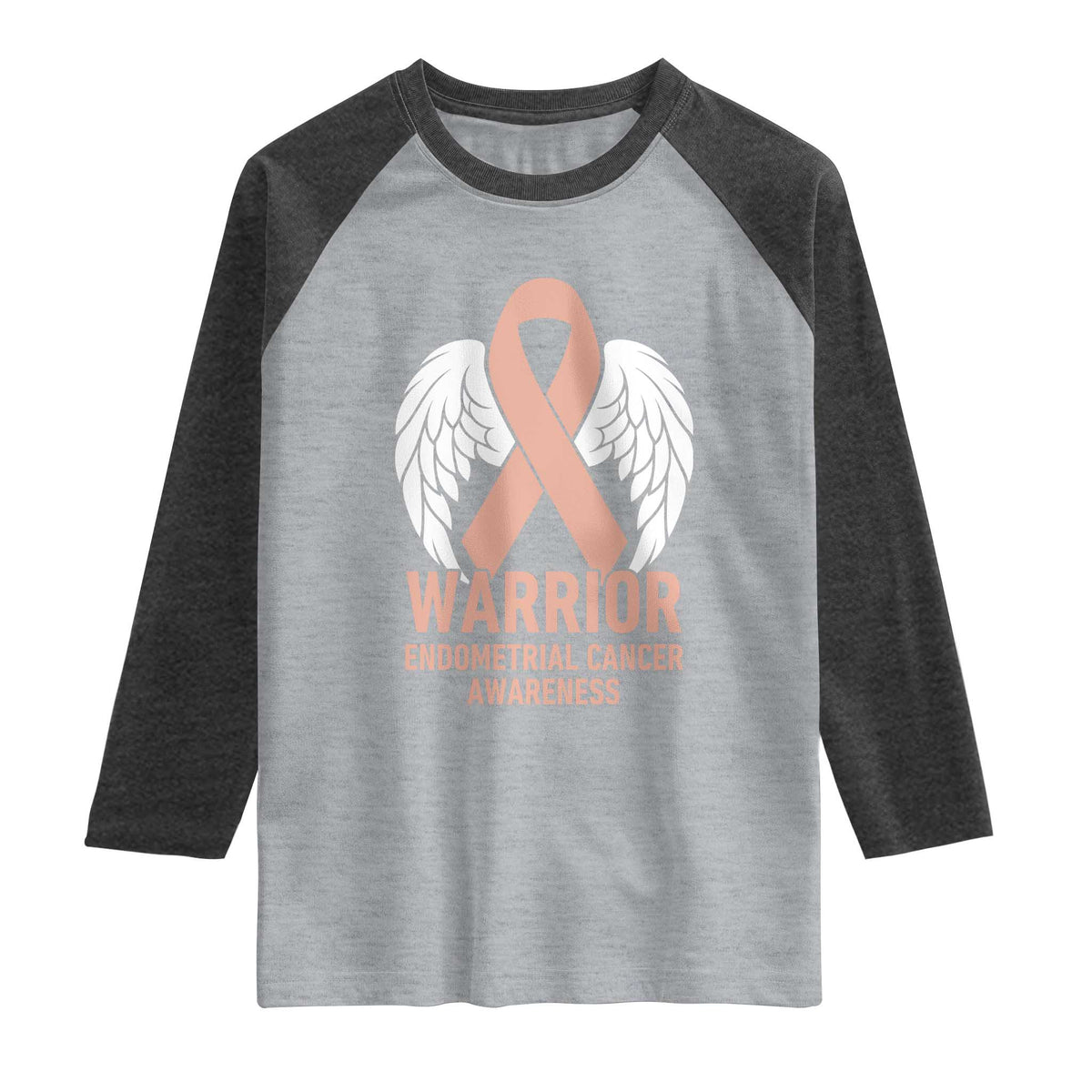 Endometrial Cancer Warrior Raglan Shirt Peach Ribbon Angel Wings Support