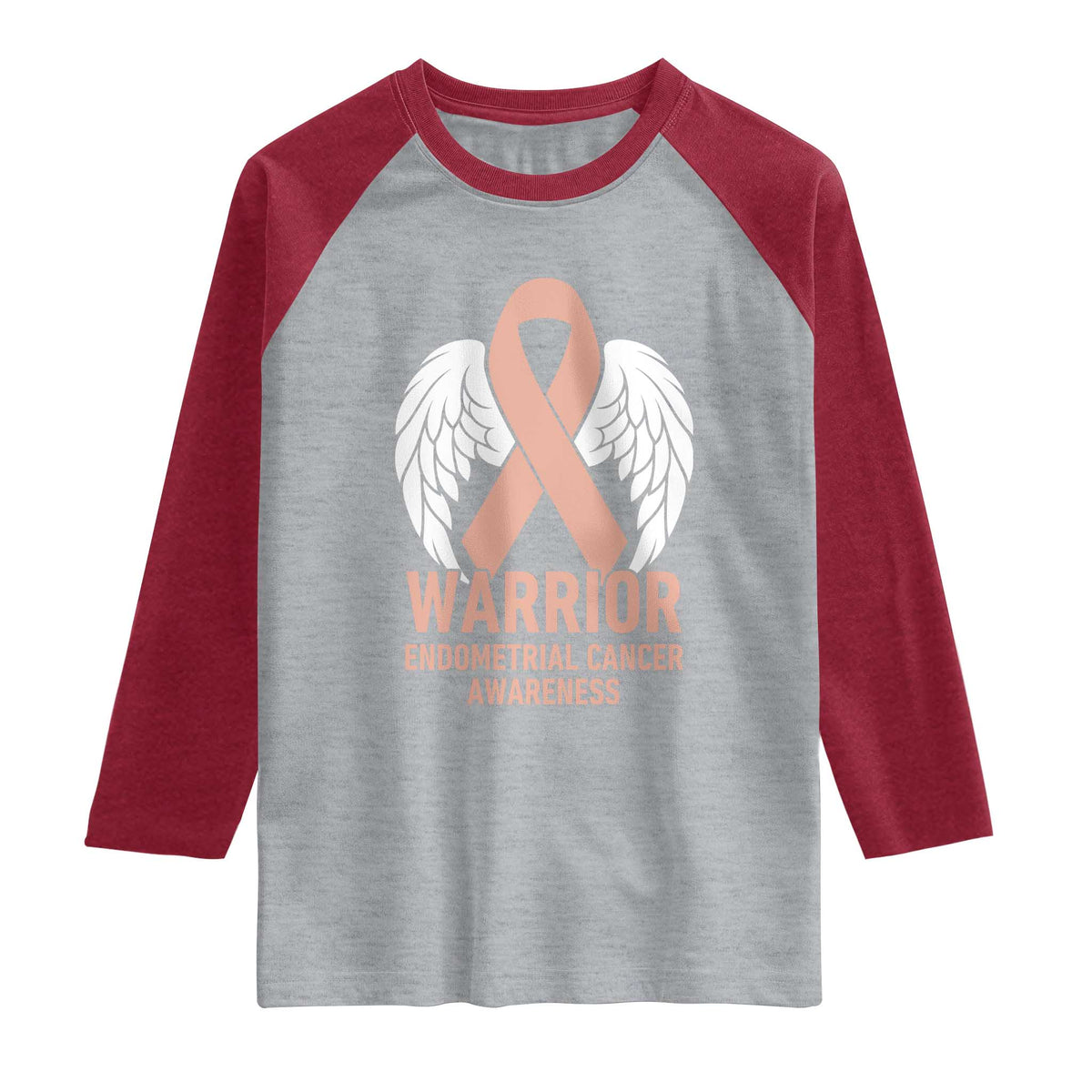 Endometrial Cancer Warrior Raglan Shirt Peach Ribbon Angel Wings Support