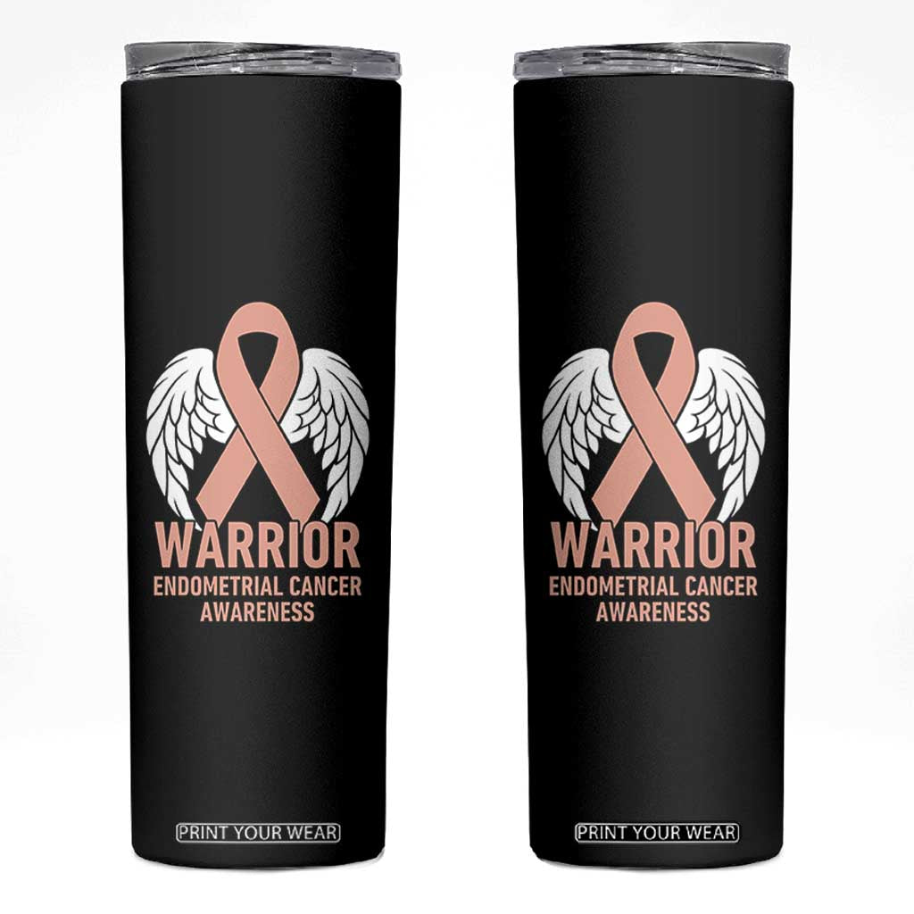 Endometrial Cancer Warrior Skinny Tumbler Peach Ribbon Angel Wings Support