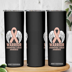 Endometrial Cancer Warrior Skinny Tumbler Peach Ribbon Angel Wings Support