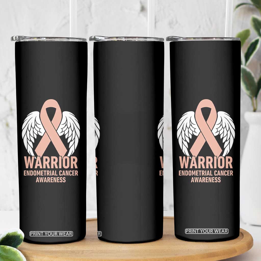 Endometrial Cancer Warrior Skinny Tumbler Peach Ribbon Angel Wings Support