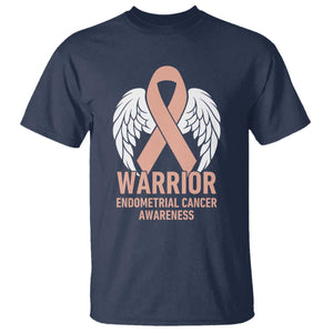 Endometrial Cancer Warrior T Shirt Peach Ribbon Angel Wings Support