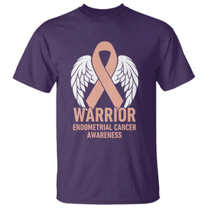 Endometrial Cancer Warrior T Shirt Peach Ribbon Angel Wings Support